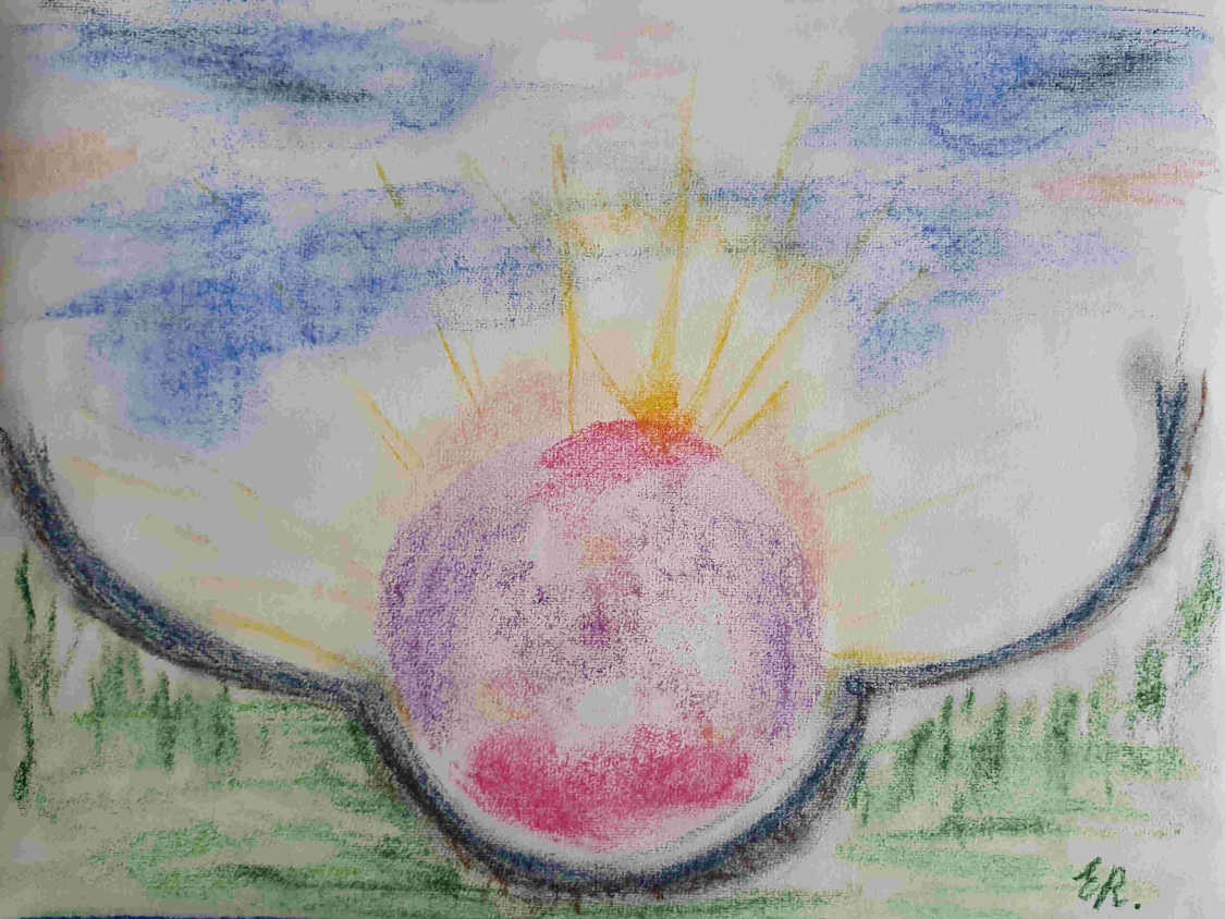 Gemaltes Bild mit Erdkugel, Himmel, Sonne, Wald